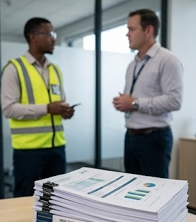 GEC engineers reviewing a printed inspection report