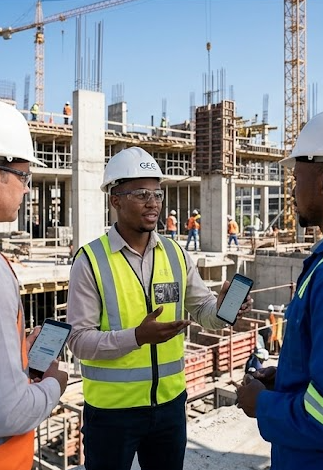 GEC engineers briefing on an active construction site